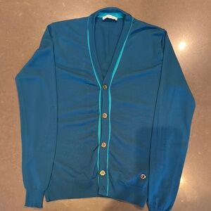 Versace Blue V-Neck Cardigan Sweater Fine-Knit